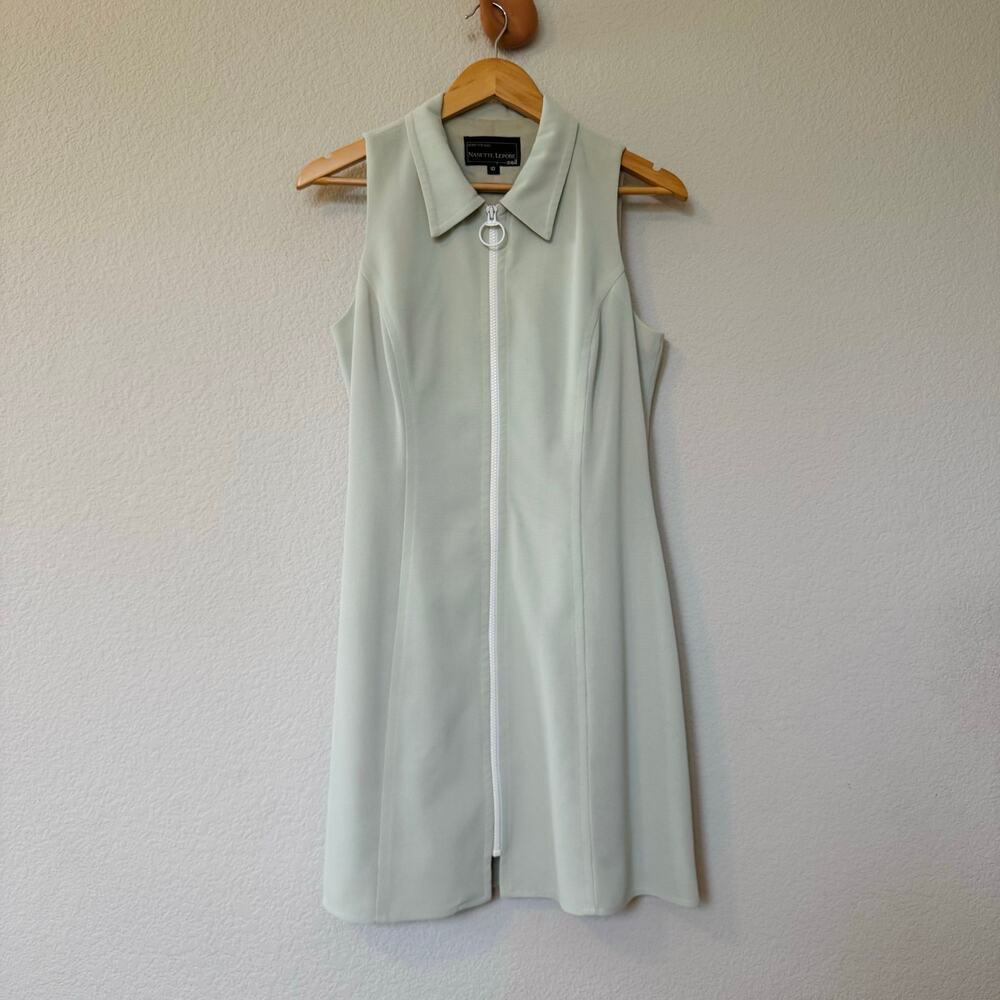 Vintage 90s Nanette Lepore Robespierre pale green mod O-ring zipper dress sz s-m